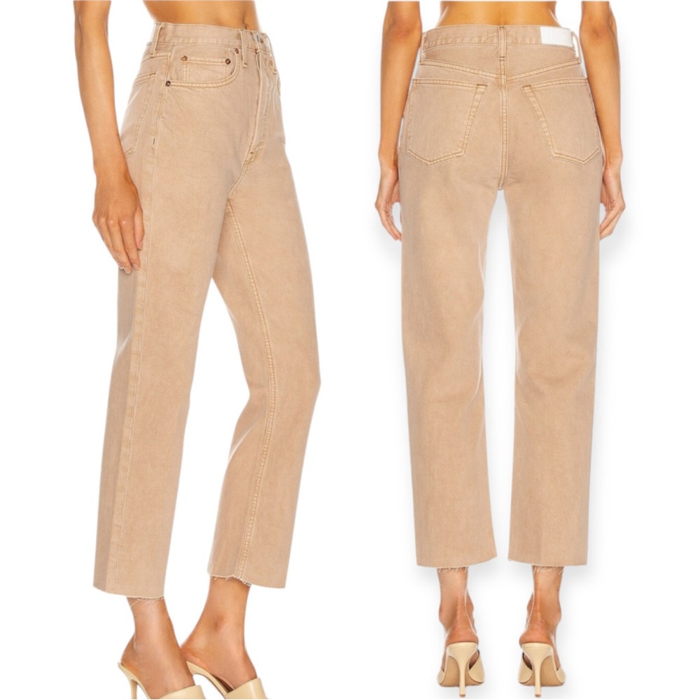 Re/Done High Rise Stove Pipe Jeans in Washed Khaki